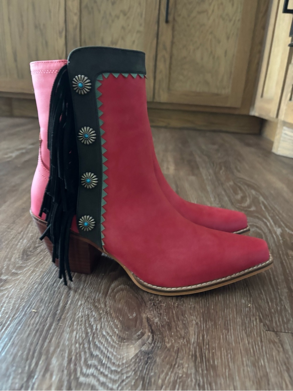 Women's Red Suede Fringe Ankle Booties with Concho Accent